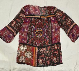 Boho Patchwork Print Sheer Tunic Top