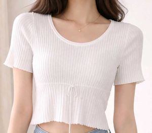 White Ribbed Cinched Waist Top