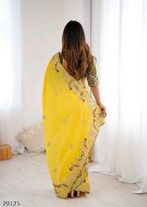 Elegant Yellow Embroidered Premium Chinon Silk Sar