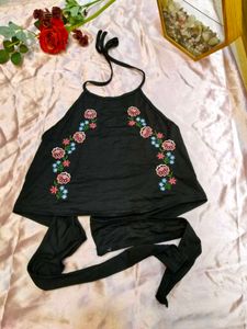 Embroidered Halter Neck Crop Top