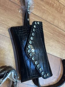 Stylish Black Croc Belt Bag with Rhinestones