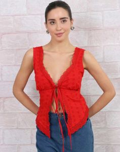 Shein Chic Red Lace-Trimmed Tie-Front Top