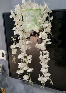 Set 3 Hanging White &amp; Pink Flowers &amp; Pot