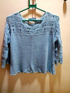 Chic Light Blue Crochet Detail Top