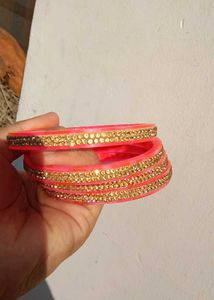 Elegant Pink &amp; Gold Stone Bangles