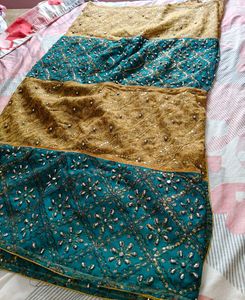 Embroidered Teal and Gold Saree