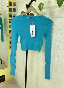Turquoise Blue Ribbed Crop Top