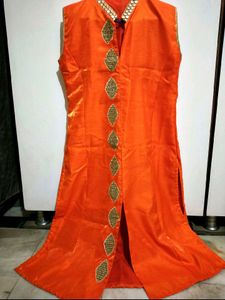 Women Orange Mirror Work Neck Embroidered Kurta