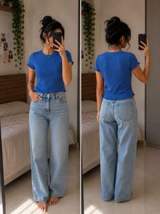 Blue Textured Lettuce Hem Top