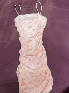 Cute Pink Floral Ruched Mini Dress