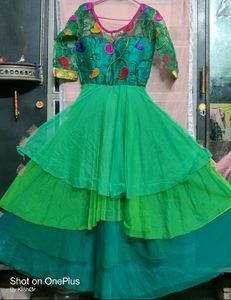 Grey Mesh Dress With Green Gown Combo