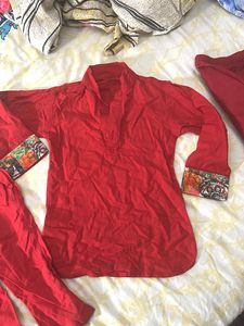 Red(100% cotton) &amp; Beige Kurta Set with extra paja