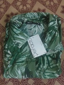 Defacto Green&amp;white Tropical Print Shirt Dress