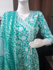 Teal White Floral Kurta Set