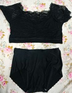 Black Lace Bikini Set 2 Tops 1 Silk Panty