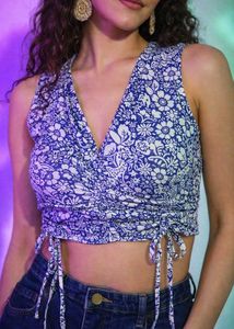Chic Blue Floral Ruched Crop Top