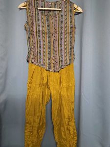 Women Mustard Yellow &amp; Green Printed Top with Dhot