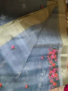 Beautifully Embroidered Grey Saree only no blouse