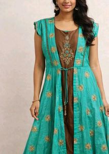 Stunning Teal & Brown Embroidered Kurta Set