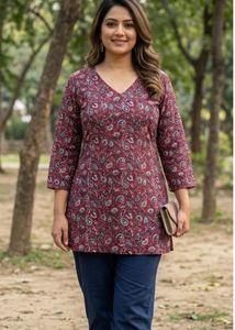 Maroon Floral Print V-Neck Kurta