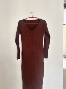 Elegant Brown Long Sleeve Midi Dress