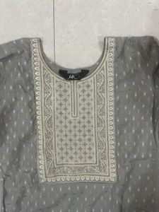 Elegant Grey Kurta with Embellished Neckline