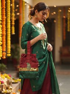 Premium Maroon & Green Zari Paisley Potli Bag