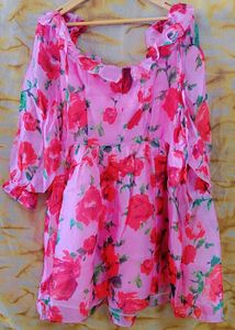 Korean Pink Floral Organza Dress