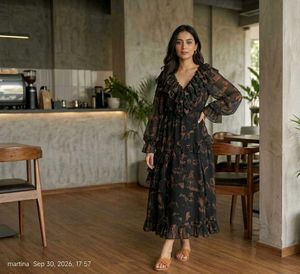 Boho Floral Print Ruffle Maxi Dress