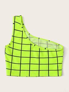 SHEIN Neon Green One Shoulder Grid Print Crop Top