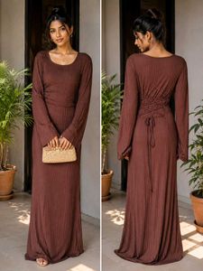 Elegant Ribbed Maxi Dress with Lace-Up Back