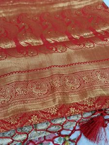 Cream &amp; Red Brocade Saree