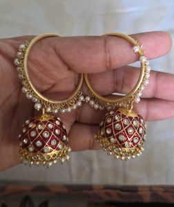Exquisite Pearl &amp; Maroon Jhumka Earrings