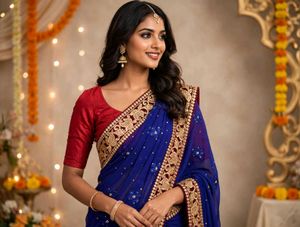Elegant Blue Saree with Gold Embroidery