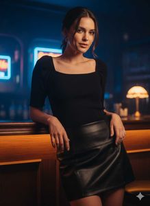 Square Neck Black Ribbed Puff Sleeve Top Partywear