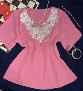 💖 Y2K Pink Embroidered Babydoll Top 💖