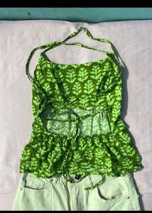 Green Block Print Cotton Blouse