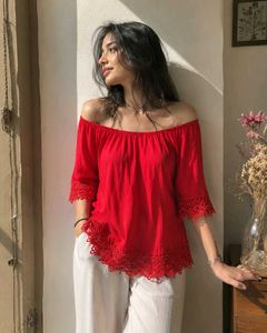 Red Off-Shoulder Top with Lace Trim