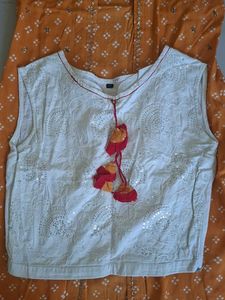 Orange Printed Kurta Set with White Top