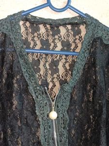 Oversized Lace Zipper Crop Top Sheer