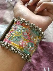 Embroidered Cuff Bracelet with jhumkis
