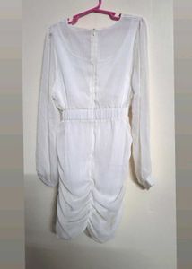 Chic White Ruched Ruffle Dress