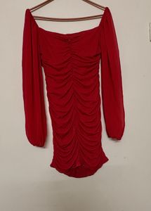 Chic Red Ruched Long Sleeve Dress