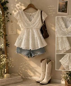 Sheer White Peplum Top with Ruffle Details