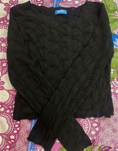 Black Textured Long Sleeve Crop Top