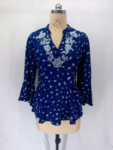 Embroidered Blue Floral bell sleeve top