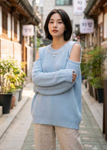 Cute Light Blue Cold Shoulder Sweater