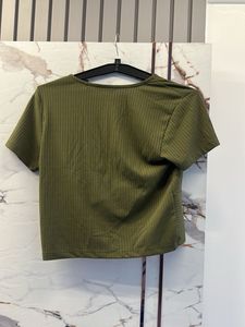 Olive Green Ribbed V-Neck Crop Top, Bust- 34