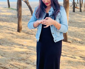 Classic Denim Jacket with Black Maxi Dress