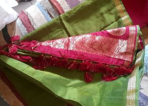Elegant Mehndi Green Saree with Maroon Border